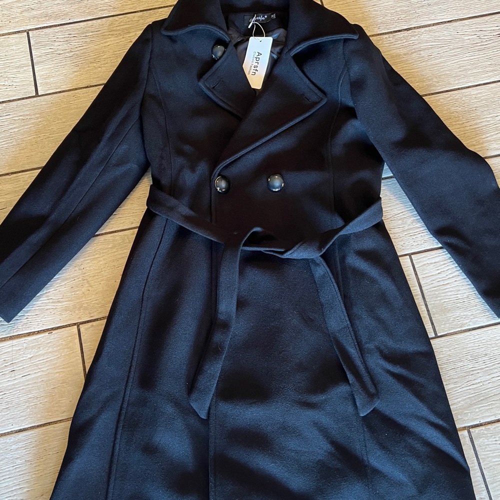 M NEW Aprsfn Women's Elegant Mid-Length Black Wool Blend Trench Coat Winter Fall